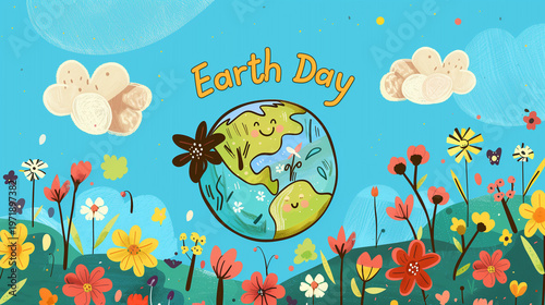 A colorful illustration featuring the text 'earth day' on a beautifully designed greeting card. Perfect for celebrating and promoting environmental awareness and sustainability!