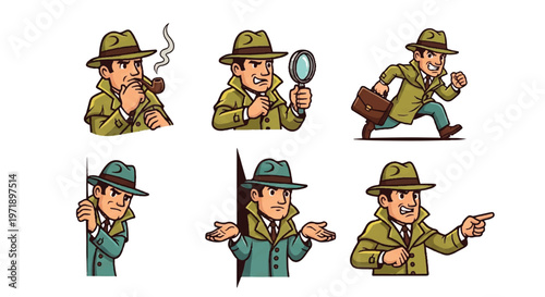 Detective character illustrations set for mystery concept design