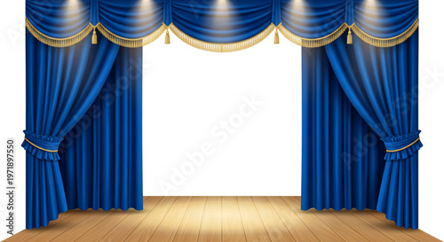 A stage with blue curtains and wooden floor, ready for a performance, a theatrical setting