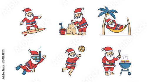 Tropical summer beach vacation vector set with Santa Claus surfing, scuba diving, in a hammock, playing volleyball, and BBQ grilling.