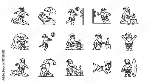 Black and white line art vector icons of Santa Claus enjoying summer beach holidays, surfing, scuba diving, volleyball, and sandcastle.