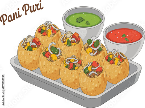 Delicious Indian pani puri with spicy water and chutney, traditional South Asian street food vector