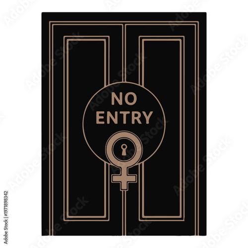 Stylized black double door with a 'No Entry' sign featuring a prominent female gender symbol acting as a keyhole, representing restriction, access, and social barriers