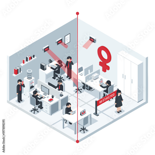 Illustration depicting gender inequality in the workplace with a clear division and restrictions for women