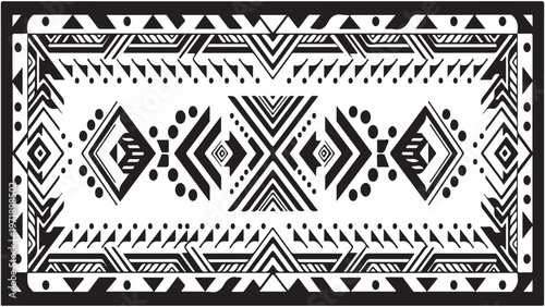 A black and white geometric tribal pattern resembling a carpet or rug with intricate symmetrical designs and sharp angular motifs