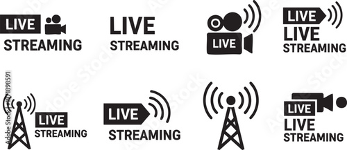Live Streaming Icon Set with Video Camera and Broadcasting Symbols