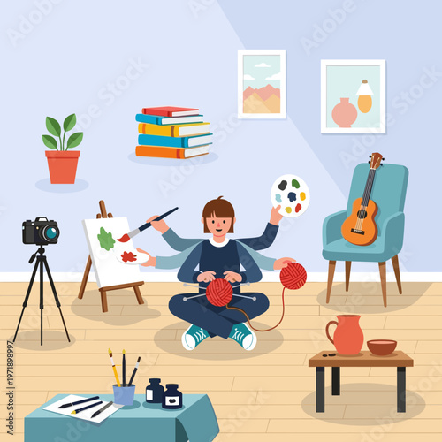 A person with many arms simultaneously engaging in various creative hobbies like painting, knitting, photography, and music, surrounded by art supplies and books.