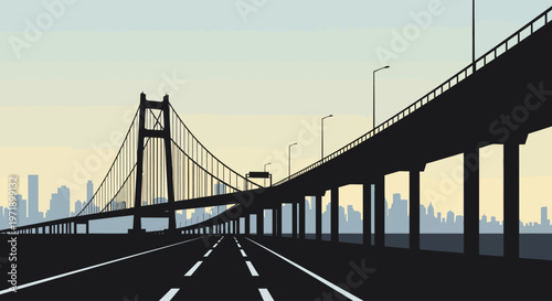 Silhouette of a suspension bridge with city skyline.