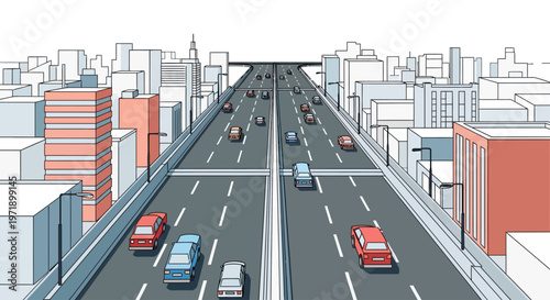 A busy city highway with cars and buildings.