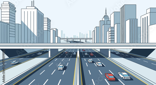 A busy highway with cityscape background.