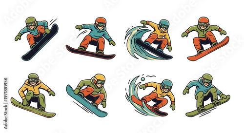 Snowboarders performing various tricks isolated on white background