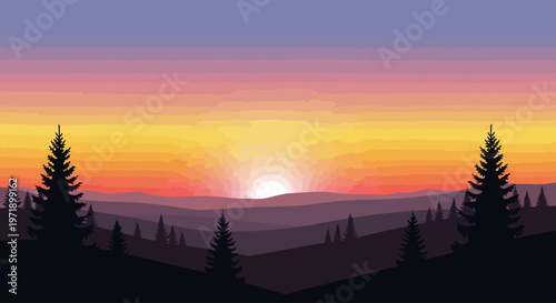 Vibrant sunset over mountainous landscape with trees.