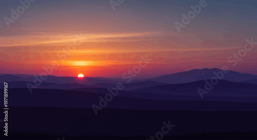 Vibrant sunset over mountain range landscape.