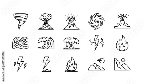 Natural disaster outline icons set with tornado volcano hurricane flood and tsunami in clean line style