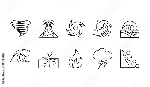 Modern disaster icon set in circular layout with tornado tsunami flood volcano and hurricane outline style
