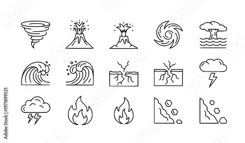 Minimal monoline disaster icons with tornado hurricane volcano flood and tsunami isolated on white