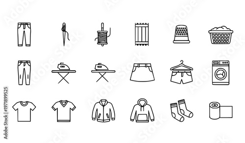 Minimal monoline clothing icons set with jeans sewing hanger washing machine and textile items