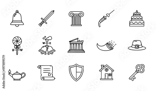 Traditional outline icons set with bell sword parthenon pilgrim and cultural heritage symbols