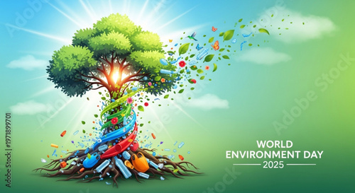 Vibrant tree growing from recycled materials on world environment day 2025 with green background and blue sky
