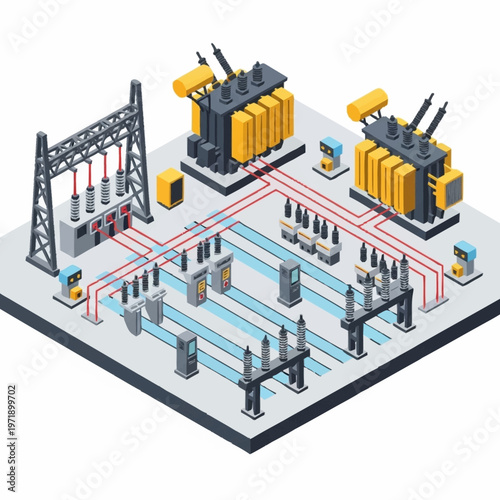 Isometric illustration of industrial electrical substation.