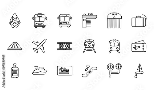 Minimal monoline passenger transport icons with metro bus airplane train and travel elements