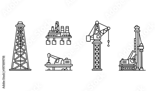Minimal monoline industrial rig icons with oil drilling platform crane and machinery isolated on white