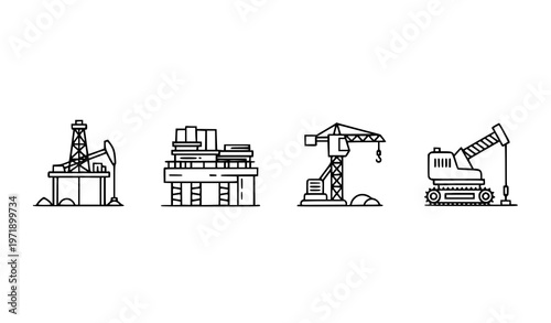 Industrial rig outline icons set with oil drilling offshore platform crane and mining rig