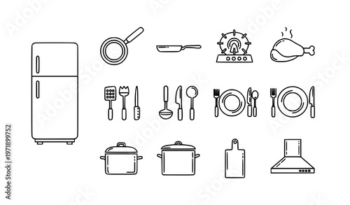 Kitchen outline icons set with fridge pan burner utensils and dinnerware in clean line style