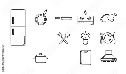 Minimal monoline kitchen icons set with fridge pan burner chicken and utensils isolated on white