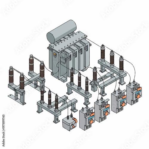 Isometric illustration of electrical substation equipment.