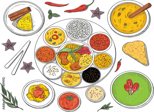 Indian thali set with various curries, spices, and traditional south asian cuisine hand drawn vector