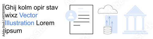 Data security, cloud technology, information storage, financial services, user identity, digital infrastructure. Visual includes a user profile icon, cloud storage database and bank building. Data