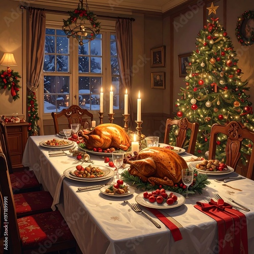 A festive dining room with a Christmas tree and a roasted turkey