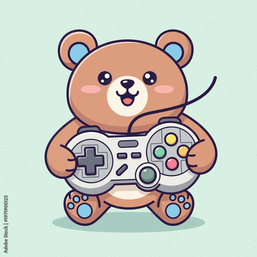 Fototapeta premium Cute Bear Playing Video Game with Controller.