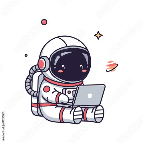 Tableau sur toile Cute Astronaut Working on Laptop in Space.