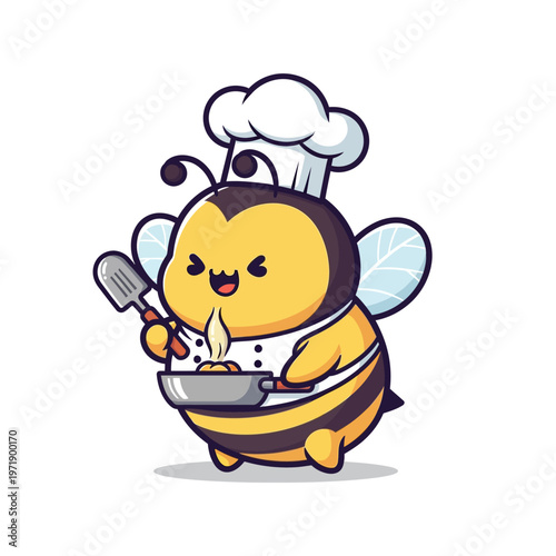 Cute cartoon bee chef cooking with a frying pan and spatula.