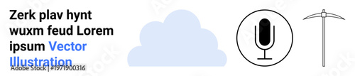 Technology, audio recording, mining tools, cloud computing, communication, industrial symbols. Visual elements include a cloud, microphone and pickaxe. Cloud computing and technology