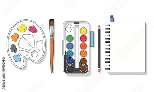 A colorful collection of art supplies lays flat including paints brushes and a sketchbook high quality professional