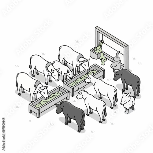 Goats eating from feeding troughs in farm.