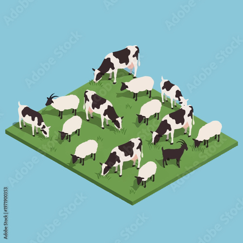 Fotografie Cows and sheep grazing on green pasture.