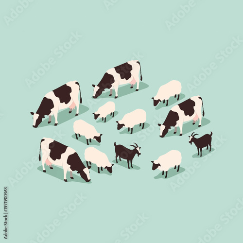 Isometric illustration of grazing cows and goats.