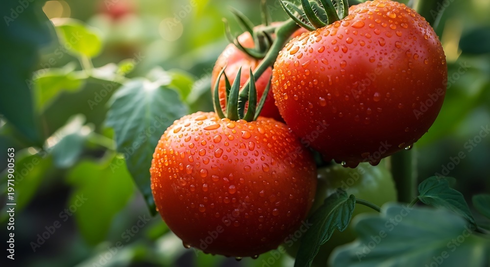 Obraz premium Delicious plump red tomatoes covered in water drops on a sunny day