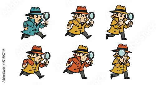 Detective characters in various colors with magnifying glass