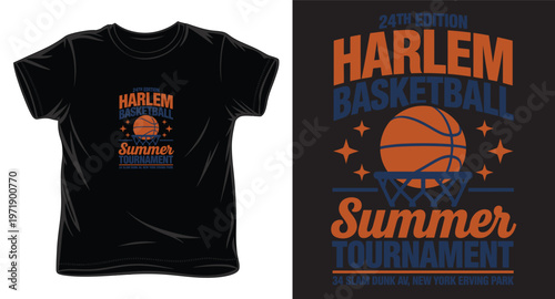 Harlem basketball summer tournament 24th edition with basketball and hoop on black