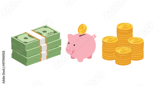 Isometric illustration of a stack of green banknotes a pink piggy bank with a coin and four stacks of golden coins for financial concept.