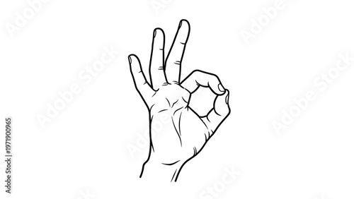 Line drawing of a human hand making the okay sign gesture with fingers forming a circle against a clean white background for communication.