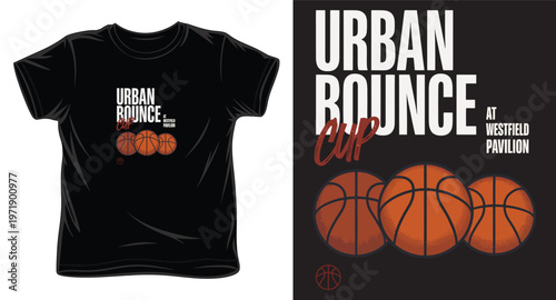 Urban bounce cup basketball tshirt design with triple ball graphic and westfield pavilion event text on black shirt mockup