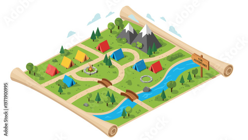 Isometric map of a summer campground with tents of different colors a river bridges mountains and a campfire on a parchment scroll.
