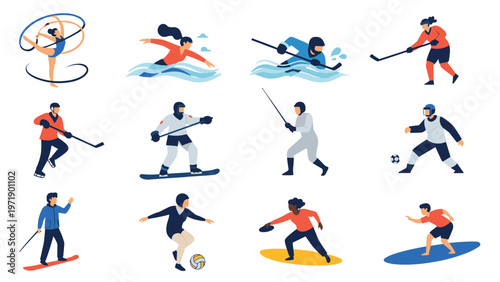 Collection of male and female athletes practicing various sports including swimming hockey soccer tennis surfing and fencing in flat style.