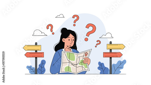 Young woman holding a paper map looking confused with question marks around her head and signposts pointing in different directions.